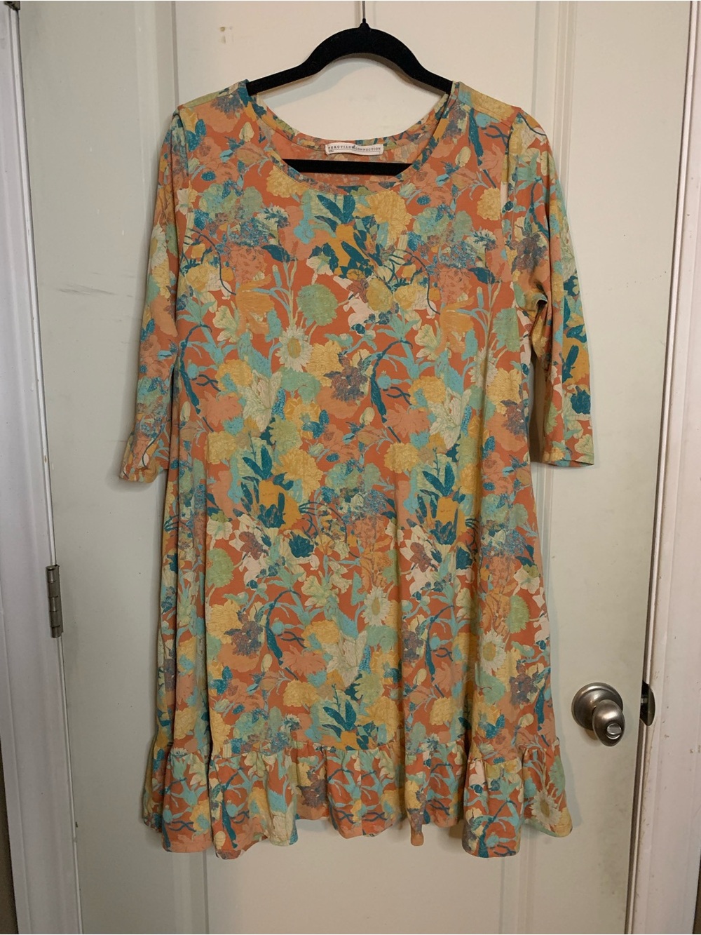 Peruvian Connection Peony Garden Floral Midi Dress in Peach, Teal, Yellow Sz S